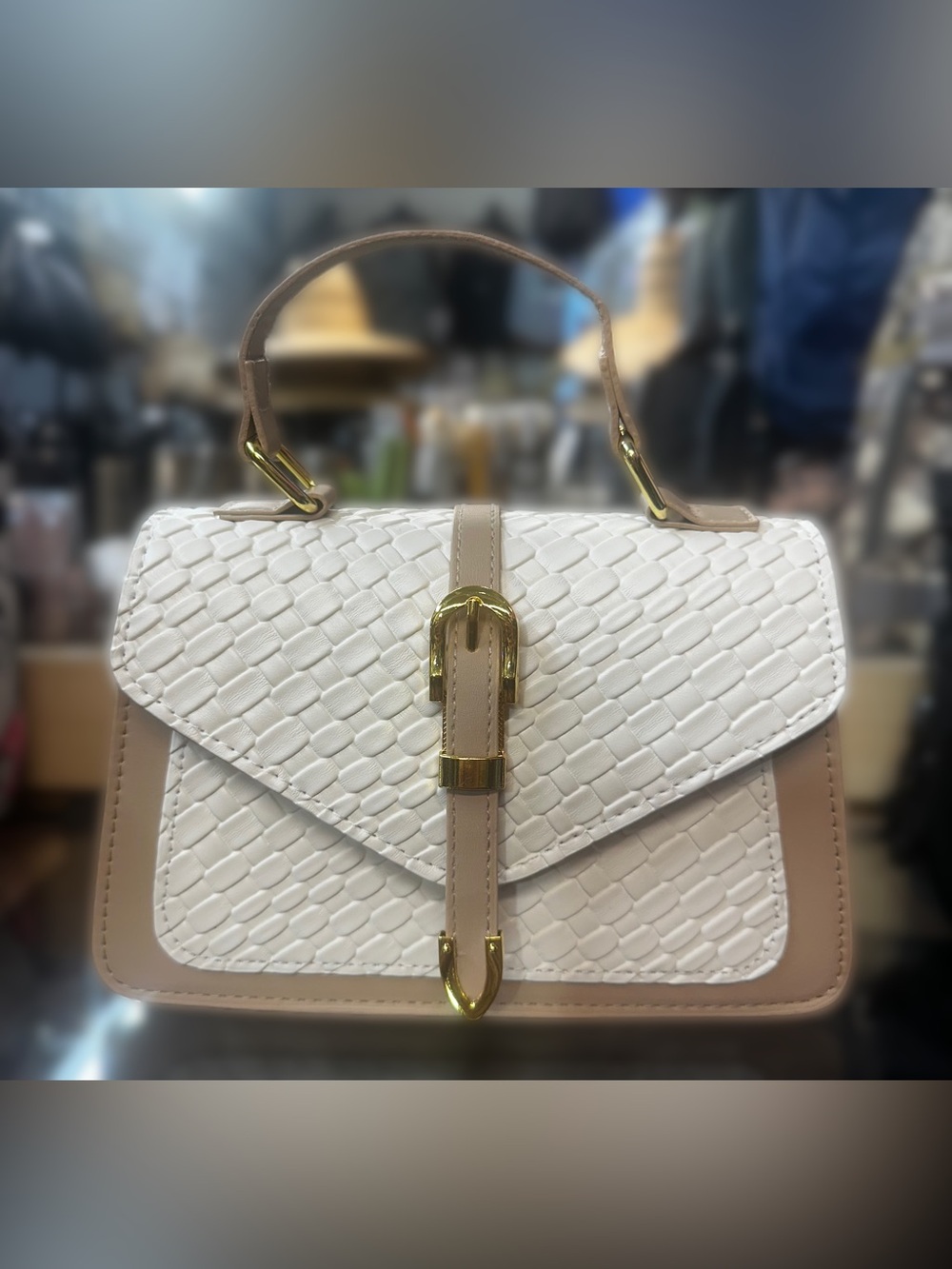 Structured White and Beige Top-Handle Satchel
